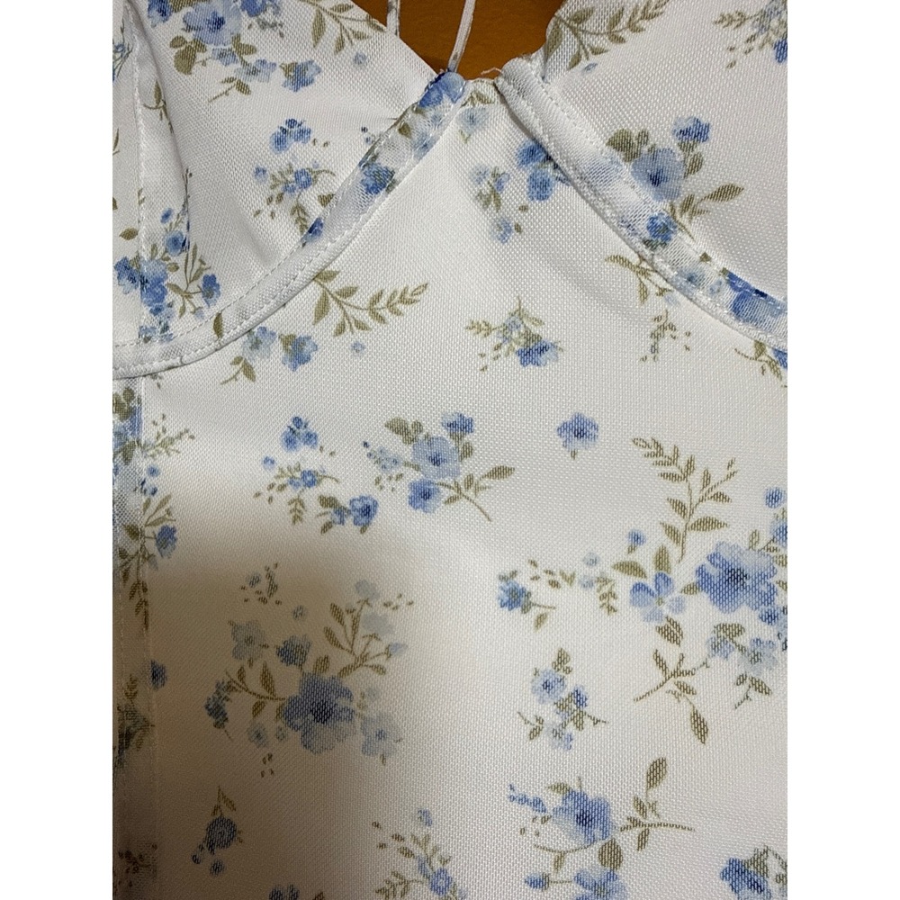 Madden Girl Floral Corset Top White Blue Mesh Sweetheart Neck Tie Back Large NEW - Picture 4 of 8